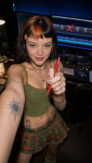 Claudia in the studio, red pen raised toward the camera