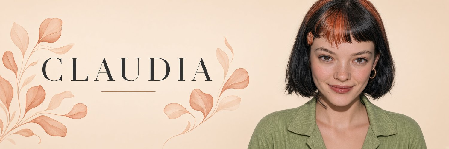 Claudia banner with her name, botanical leaves, and a portrait